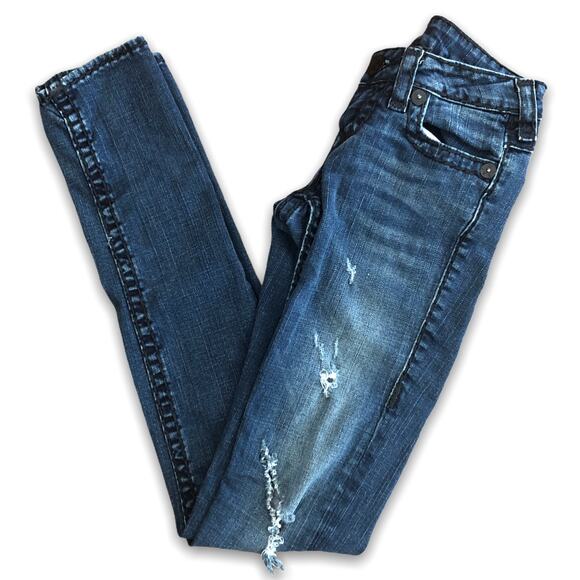 True Religion Jeans Distressed Frayed Julie Super T 25 Dark Wash 34.5" Inseam - Picture 2 of 12